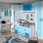 Mueble juvenil en colores blancos y azules,mueble compacto con 2 camas y cajones