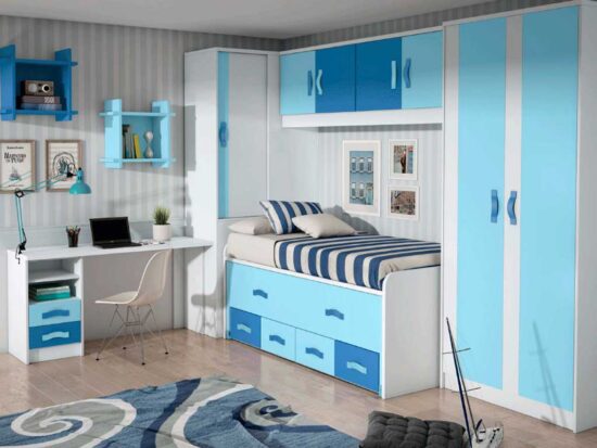 Mueble juvenil en colores blancos y azules,mueble compacto con 2 camas y cajones