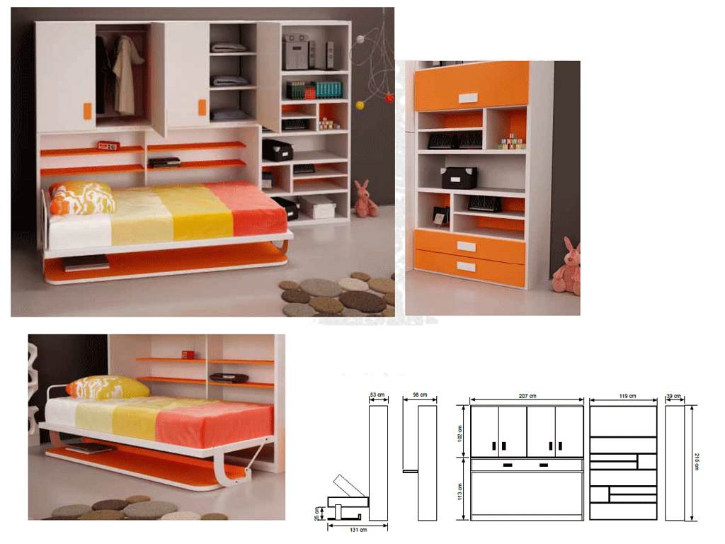 Cama abatible con escritorio incorporado y librería interior,con armario superior y librería.