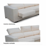 Sofá chaise-longue con asientos deslizantes y respaldos reclinables.