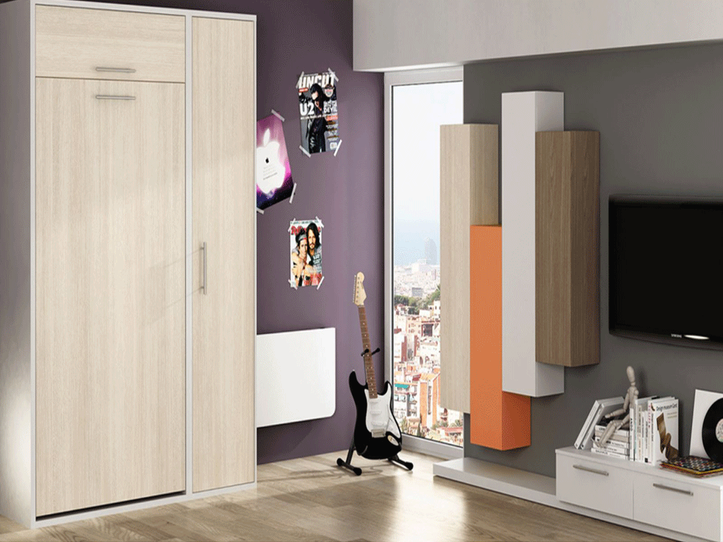 Cama abatible vertical abierta,con altillo y estantes interiores.