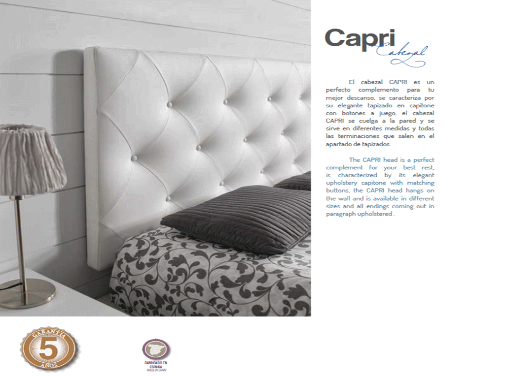 Detalle del modelo Capri,tapizado en capitoné y tejido tapizado en polipiel.