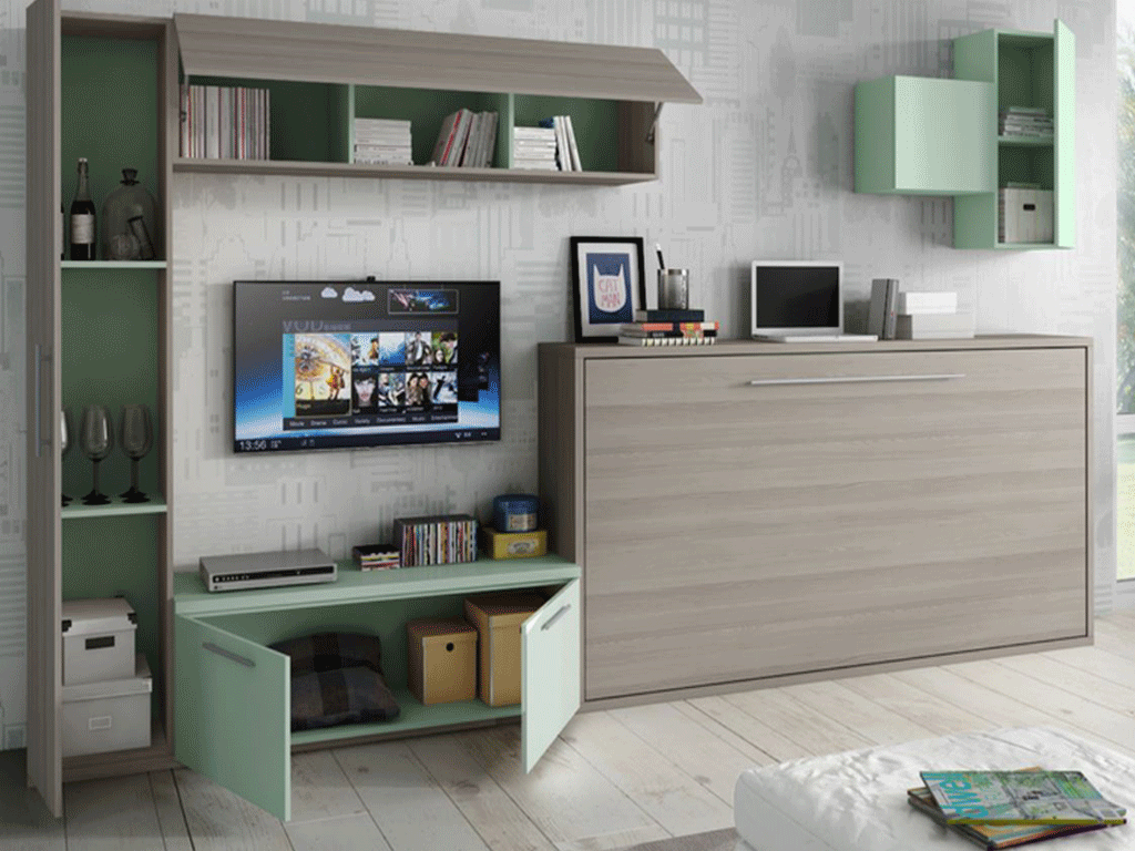 Cama abatible horizontal con sistema de apertura y cierre amortiguado.