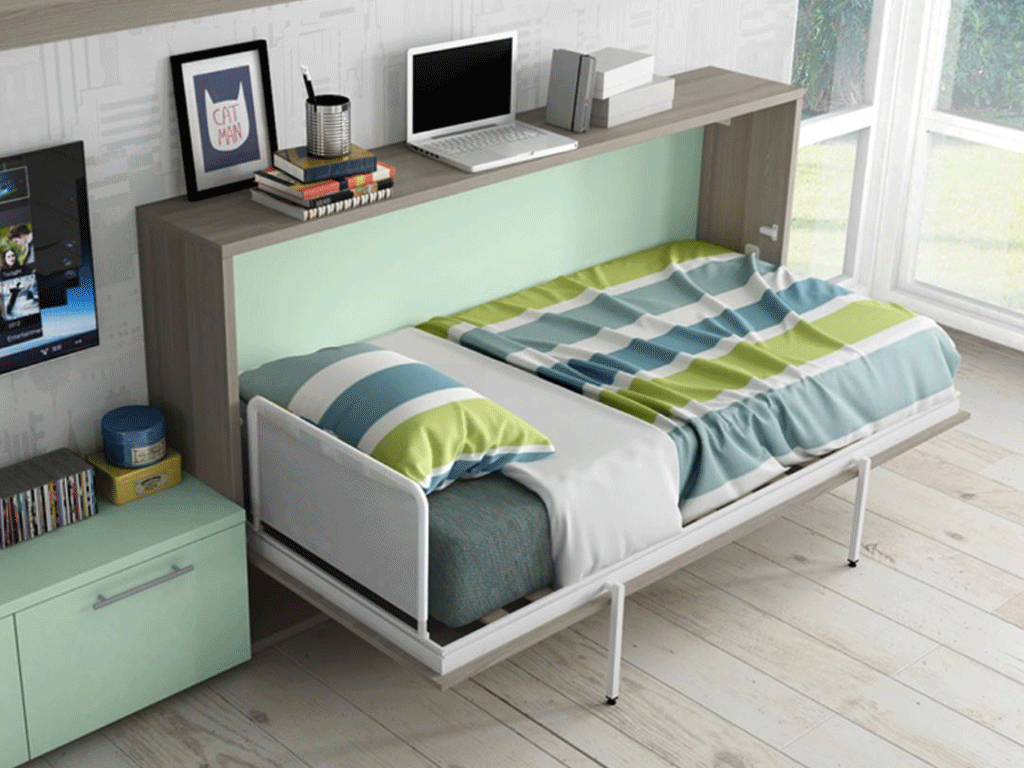Cama abatible horizontal con sistema de cierre y apertura amortiguado.